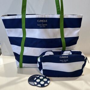 Clinique x Kate Spade Shopping Shoulder Travel Tote & Makeup Bag & Mirror